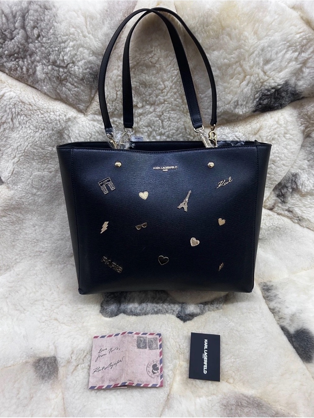 Karl Lagerfeld Black Tote with Gold Parisian Charms